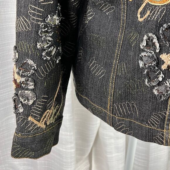 Alex Kim Embroidered Denim Jacket Large Washed Black Tan - Picture 6 of 11